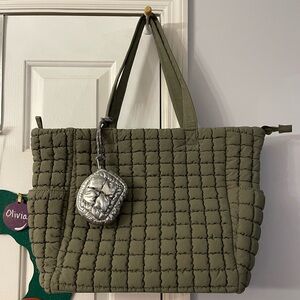 Olive Quilted Tote Bag with Silver Pouch